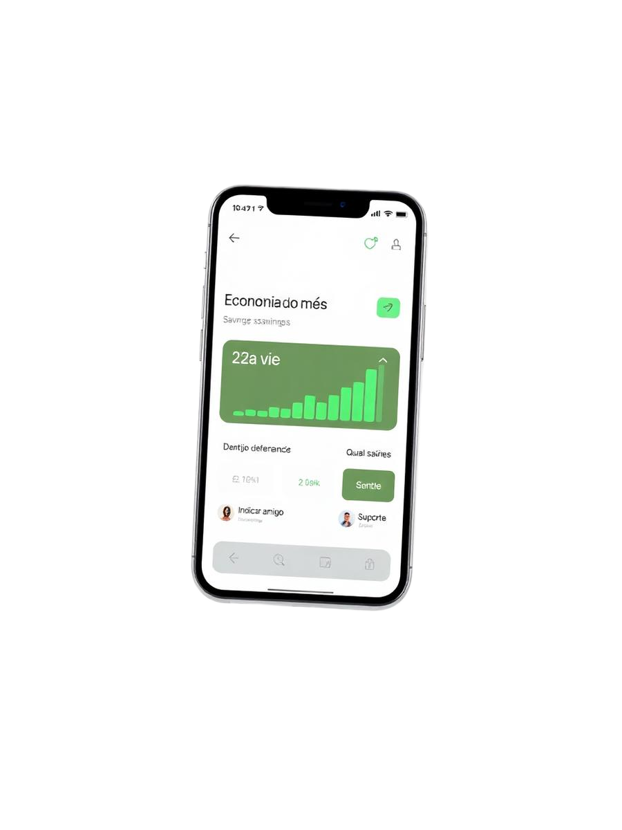 Aplicativo iGreen exibindo painel de economia mensal em um smartphone